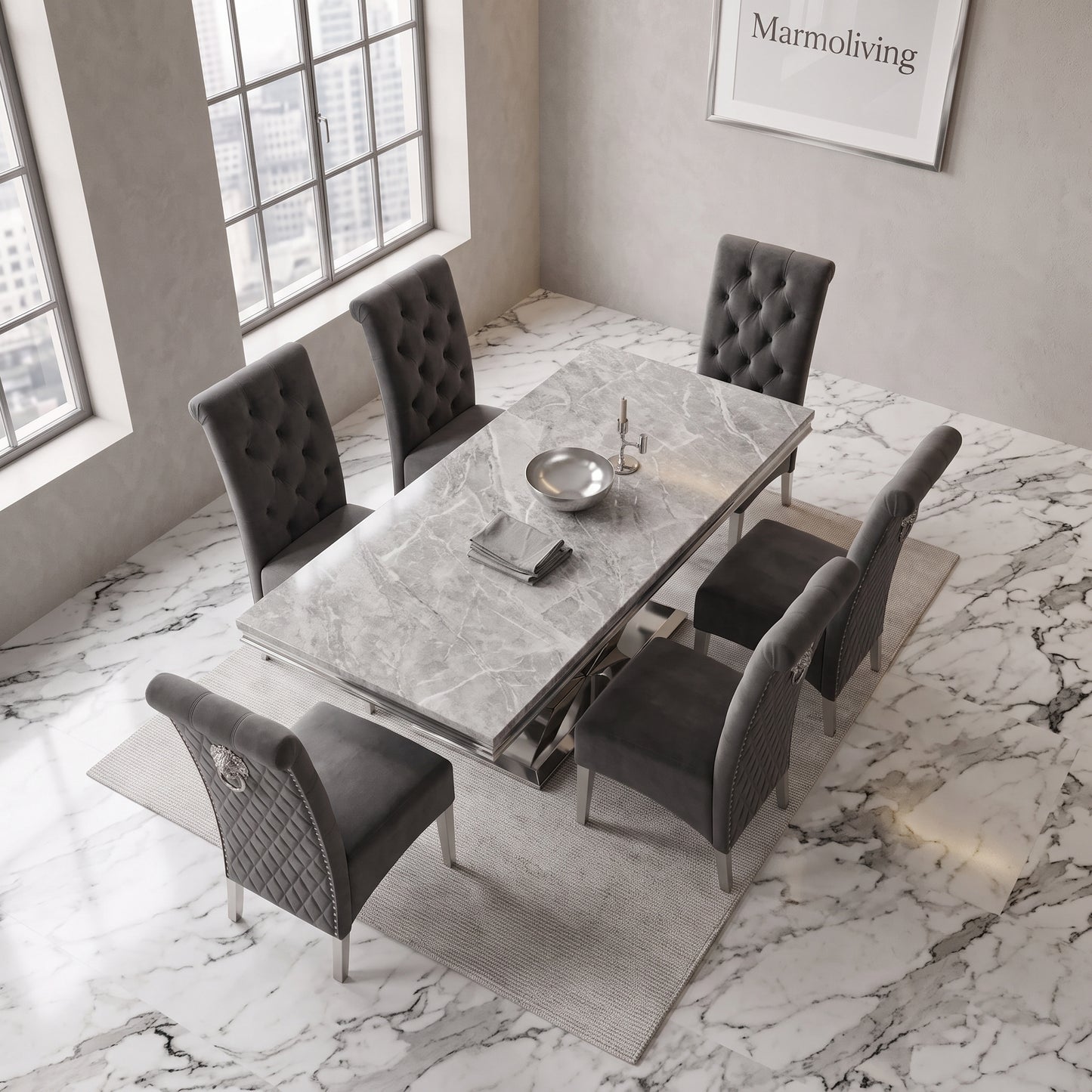 Ariel Grey Marble Dining Set with Lucy Dark Grey Velvet Chairs