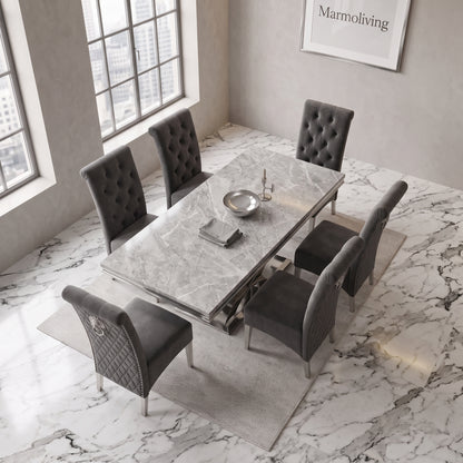 Ariel Grey Marble Dining Set with Lucy Dark Grey Velvet Chairs