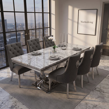 Ariel Grey Marble Dining Set with Majestic Dark Grey Velvet Chairs