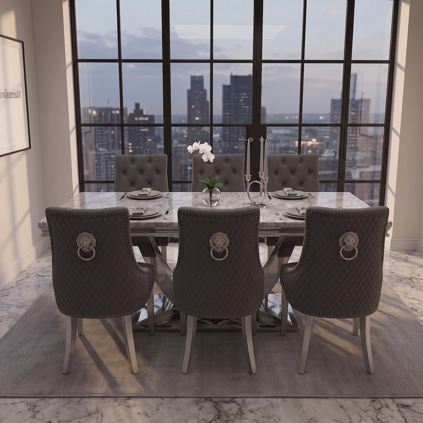 Ariel Grey Marble Dining Set with Majestic Dark Grey Velvet Chairs