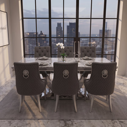 Ariel Grey Marble Dining Set with Majestic Dark Grey Velvet Chairs
