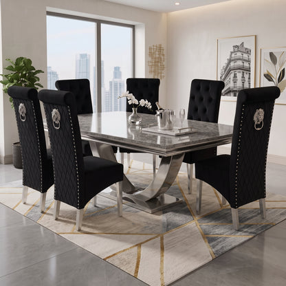Ariel Grey Marble Dining Set with Lucy Black Velvet Chairs