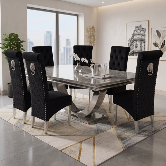 Ariel Grey Marble Dining Set with Lucy Black Velvet Chairs