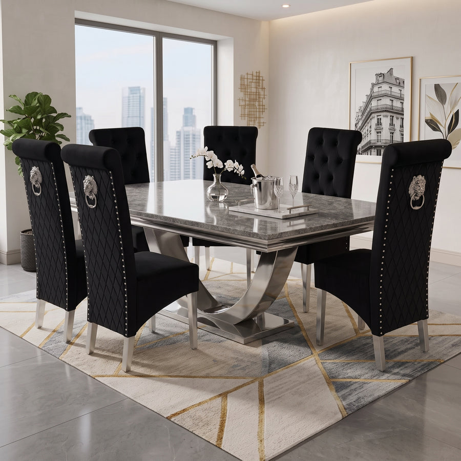 Ariel Grey Marble Dining Set with Lucy Black Velvet Chairs