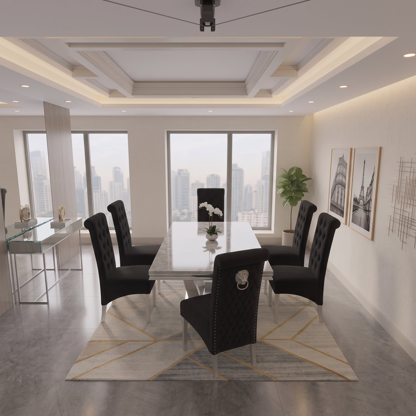 Ariel Grey Marble Dining Set with Lucy Black Velvet Chairs