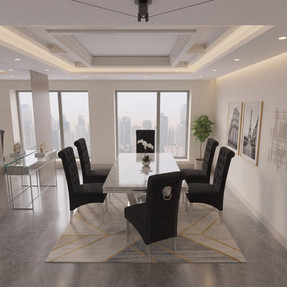 Ariel Grey Marble Dining Set with Lucy Black Velvet Chairs