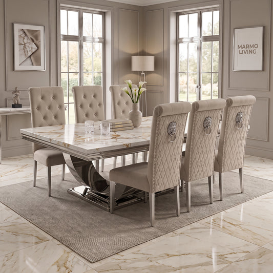 Ariel White Gold Marble Dining Set with Lucy Mink Velvet Chairs