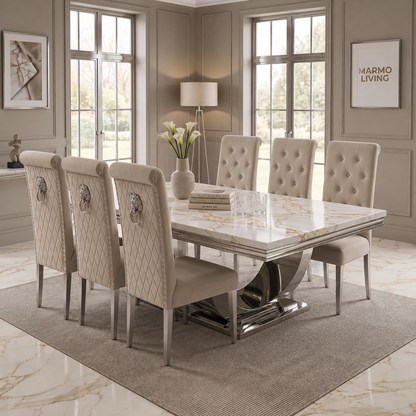 Ariel White Gold Marble Dining Set with Lucy Mink Velvet Chairs