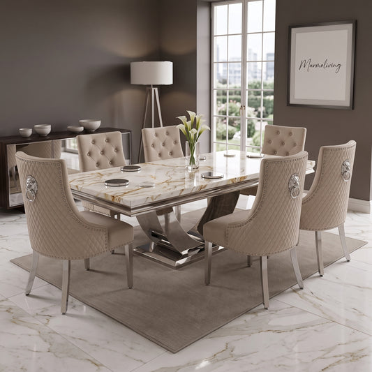 Ariel White Gold Marble Dining Set with Majestic Mink Velvet Chairs