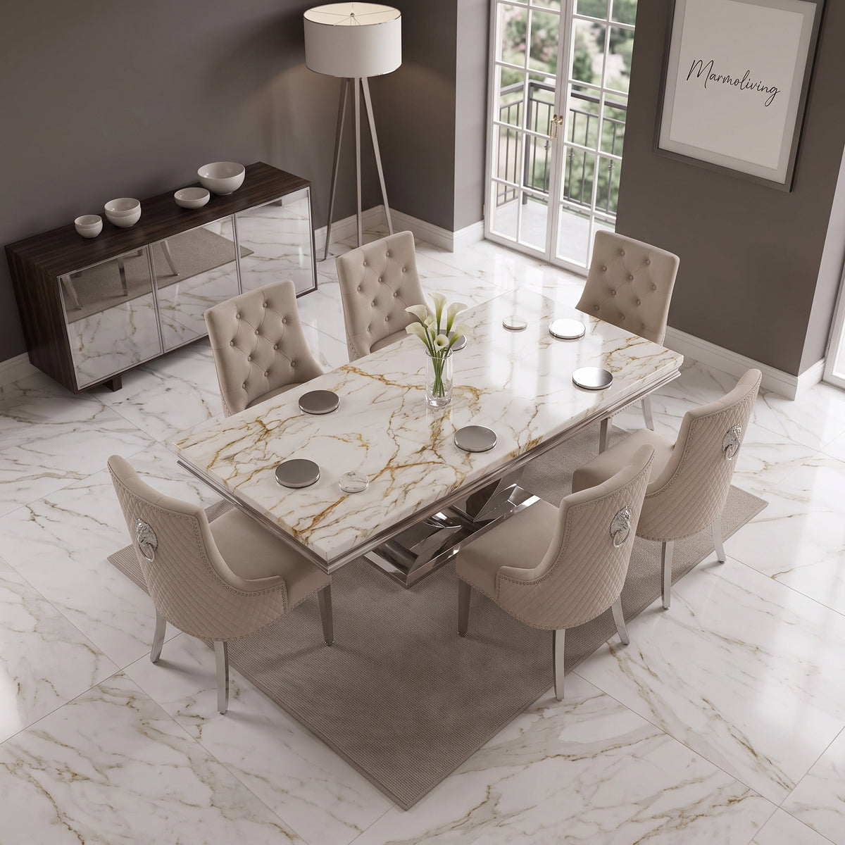 Ariel White Gold Marble Dining Set with Majestic Mink Velvet Chairs