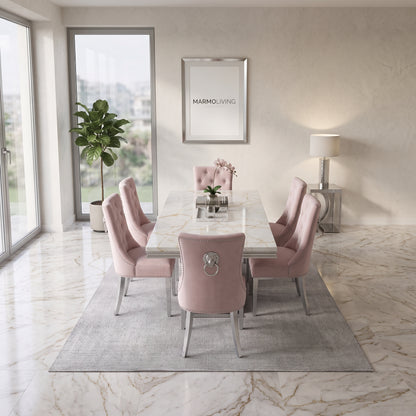 Ariel White Gold Marble Dining Set with Majestic Pink Velvet Chairs