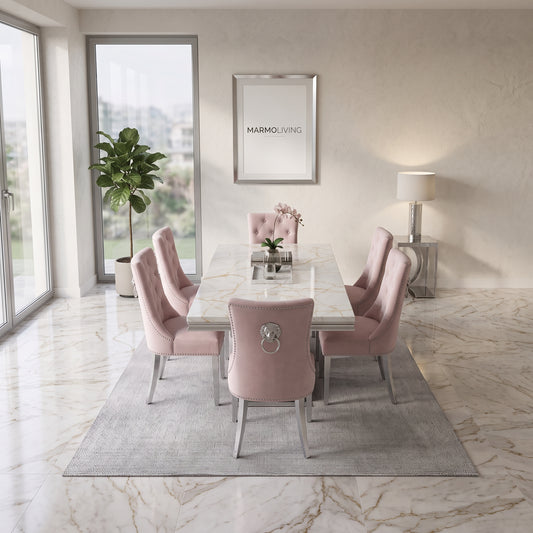 Ariel White Gold Marble Dining Set with Majestic Pink Velvet Chairs
