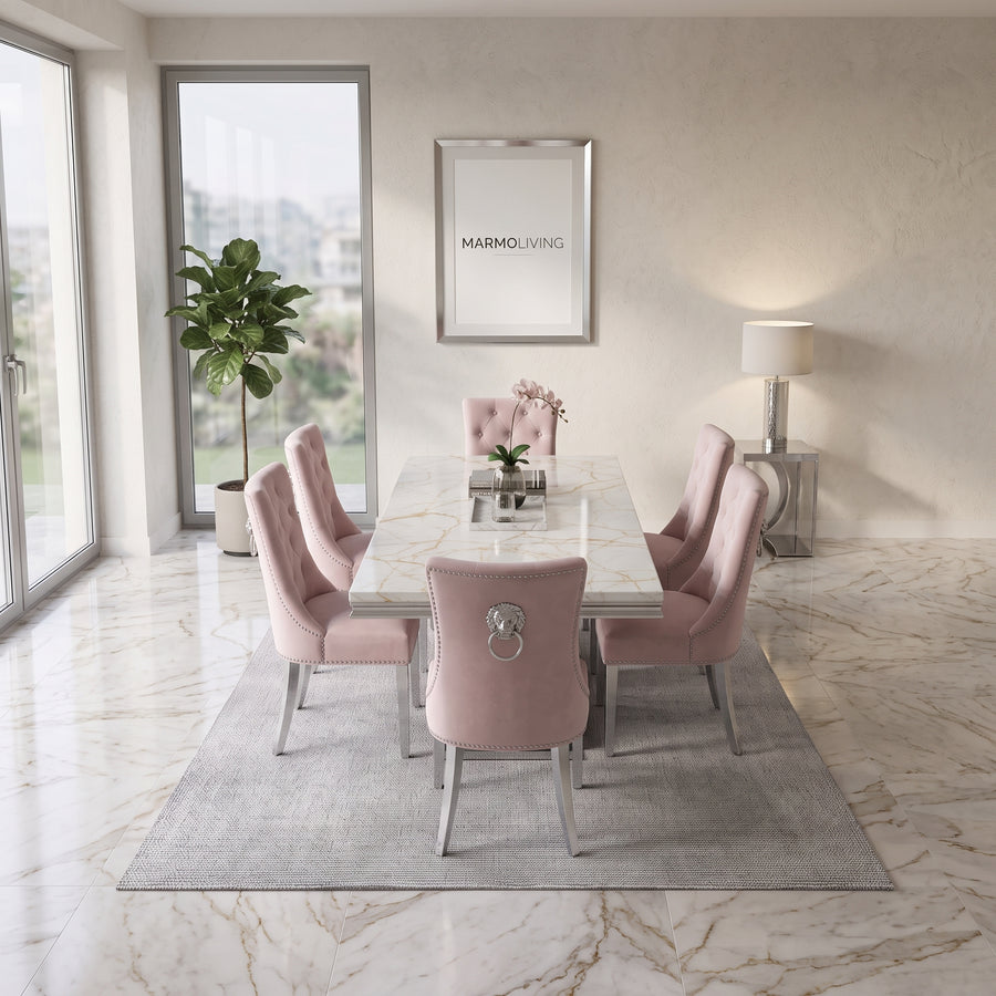 Ariel White Gold Marble Dining Set with Majestic Pink Velvet Chairs