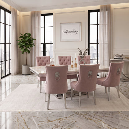 Ariel White Gold Marble Dining Set with Majestic Pink Velvet Chairs