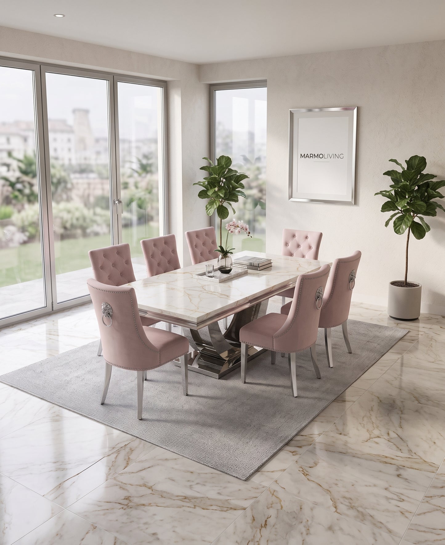 Ariel White Gold Marble Dining Set with Majestic Pink Velvet Chairs