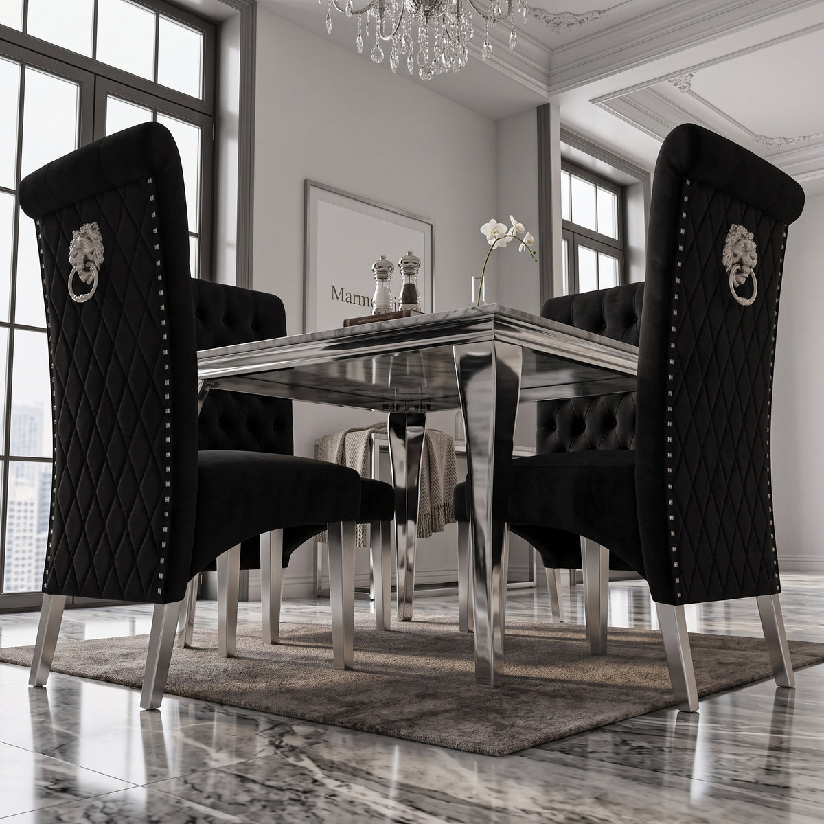Louis Grey Marble Square Dining Set with Lucy Black Velvet Chairs