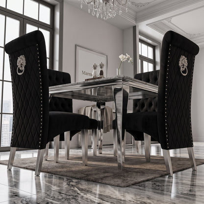 Louis Grey Marble Square Dining Set with Lucy Black Velvet Chairs