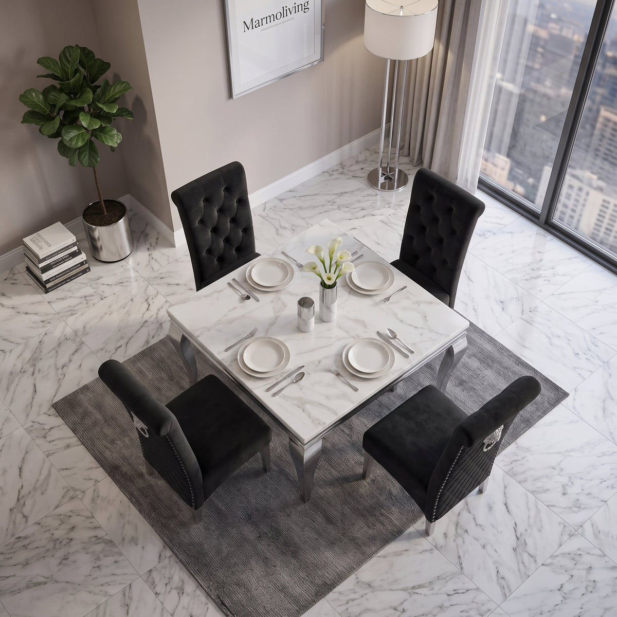 Louis White Marble Square Dining Set with Lucy Black Velvet Chairs