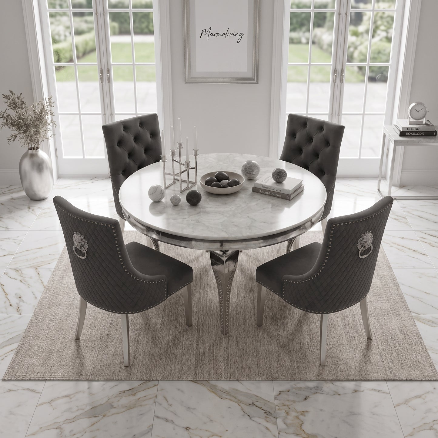 Louis White Marble Round Dining Set with Majestic Dark Grey Velvet Chairs