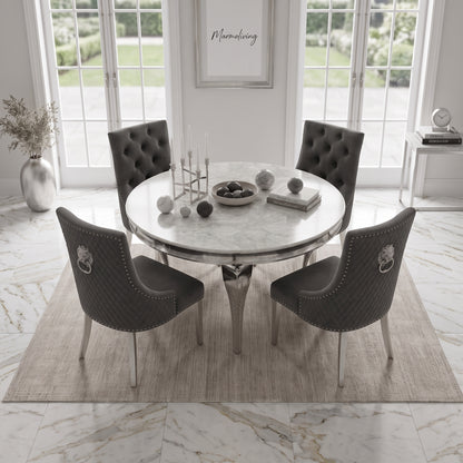 Louis White Marble Round Dining Set with Majestic Dark Grey Velvet Chairs