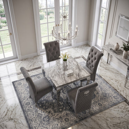 Louis Grey Marble Square Dining Set with Lucy Dark Grey Velvet Chairs