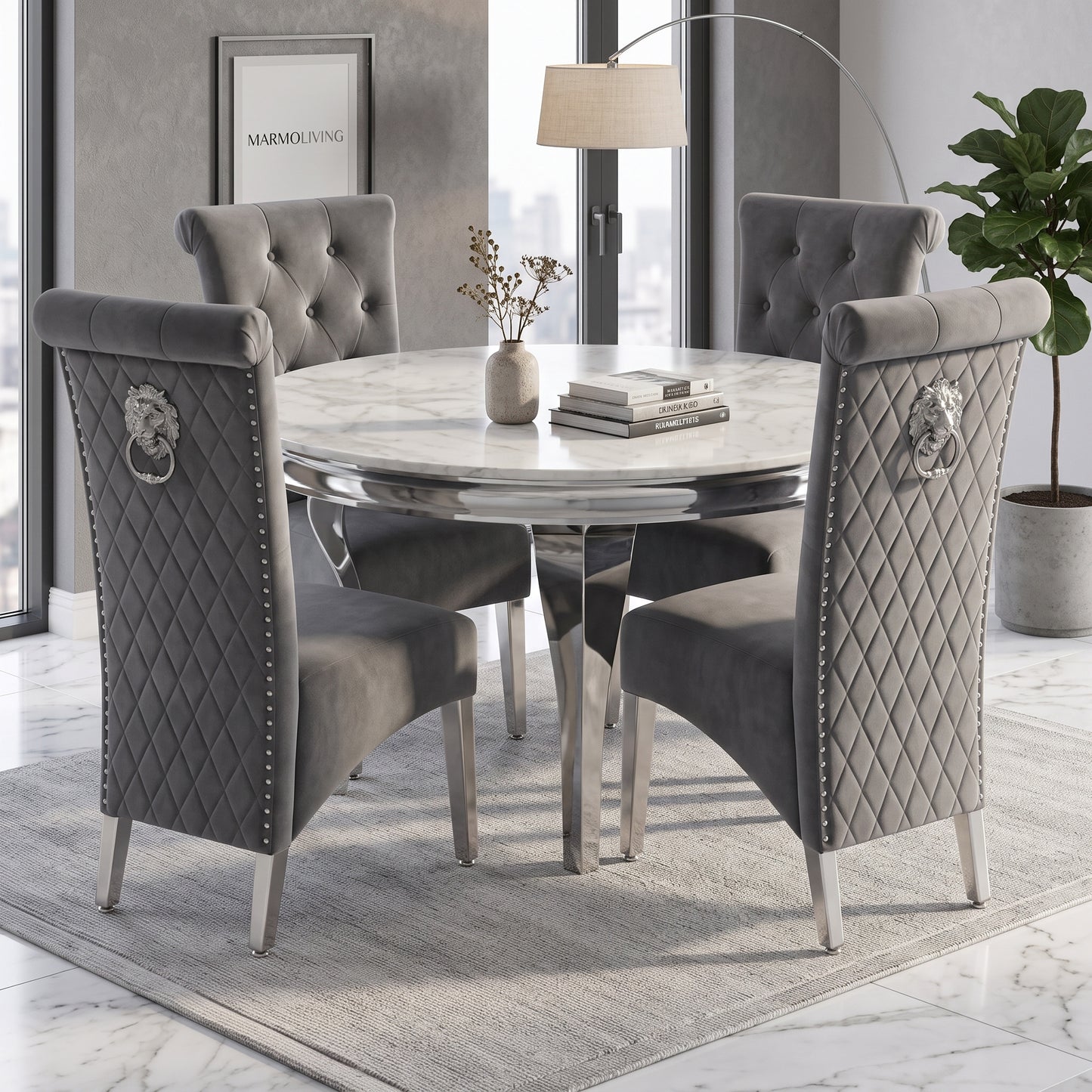 Louis White Marble Round Dining Set with Lucy Dark Grey Velvet Chairs
