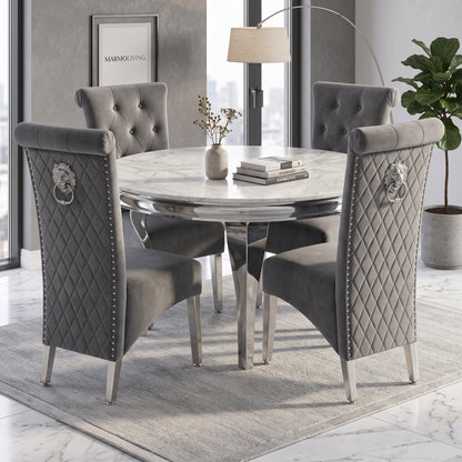 Louis White Marble Round Dining Set with Lucy Dark Grey Velvet Chairs