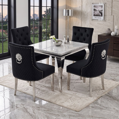 Louis White Marble Square Dining Set with Majestic Black Velvet Chairs