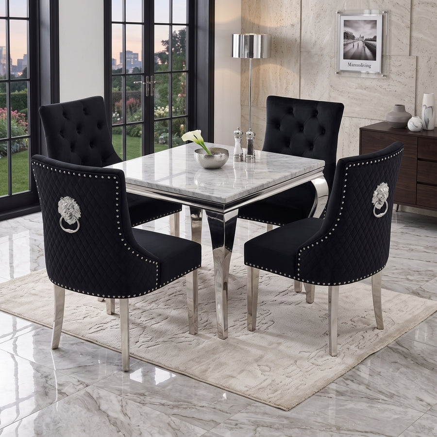 Louis White Marble Square Dining Set with Majestic Black Velvet Chairs