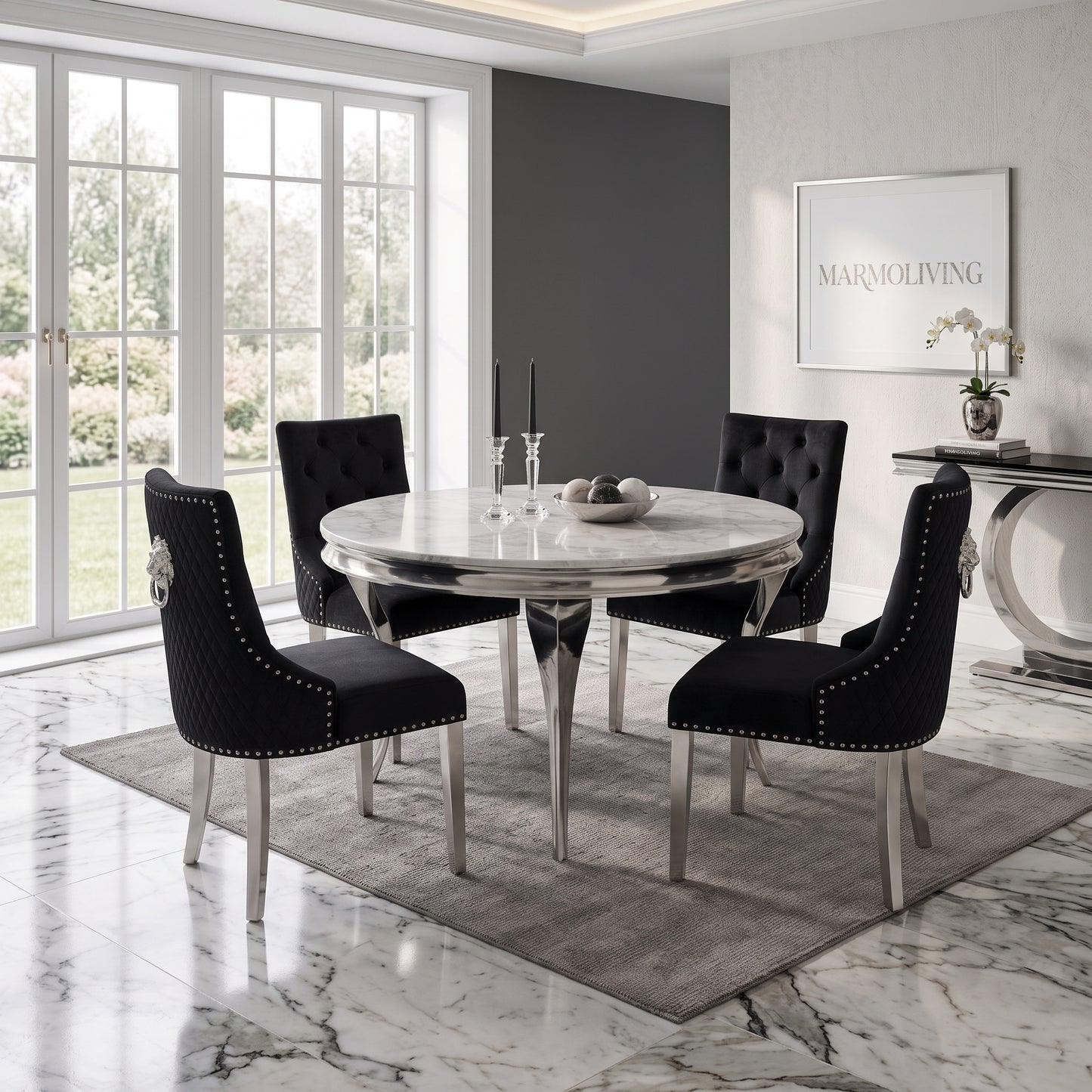 Louis White Marble Round Dining Set with Majestic Black Velvet Chairs