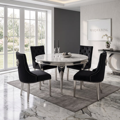 Louis White Marble Round Dining Set with Majestic Black Velvet Chairs
