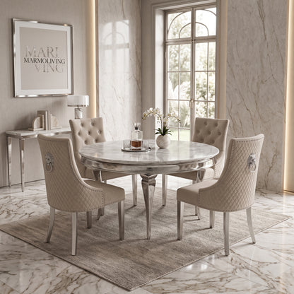 Louis White Marble Round Dining Set with Majestic Mink Velvet Chairs