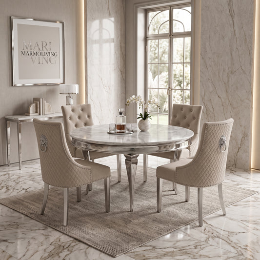 Louis White Marble Round Dining Set with Majestic Mink Velvet Chairs