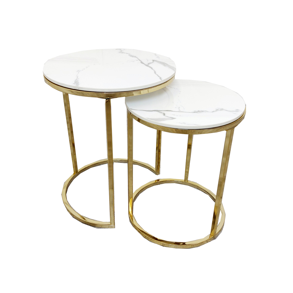 Cato Nest of 2 Tall End Tables Gold & Polar White Stone