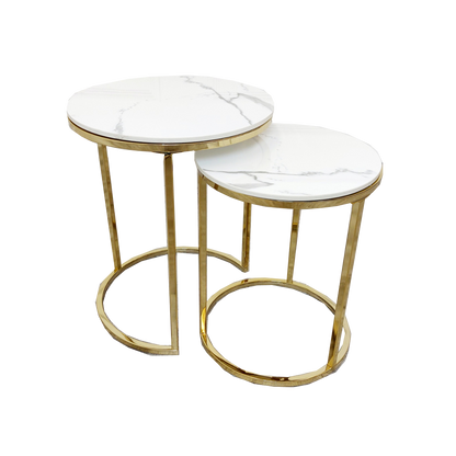 Cato Nest of 2 Tall End Tables Gold & Polar White Stone