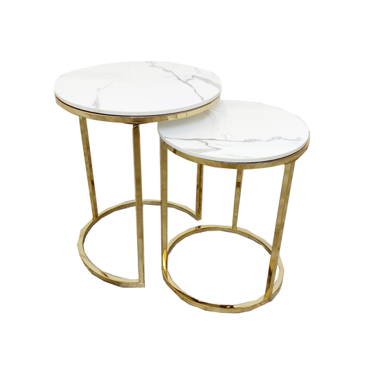 Cato Nest of 2 Tall End Tables Gold & Polar White Stone