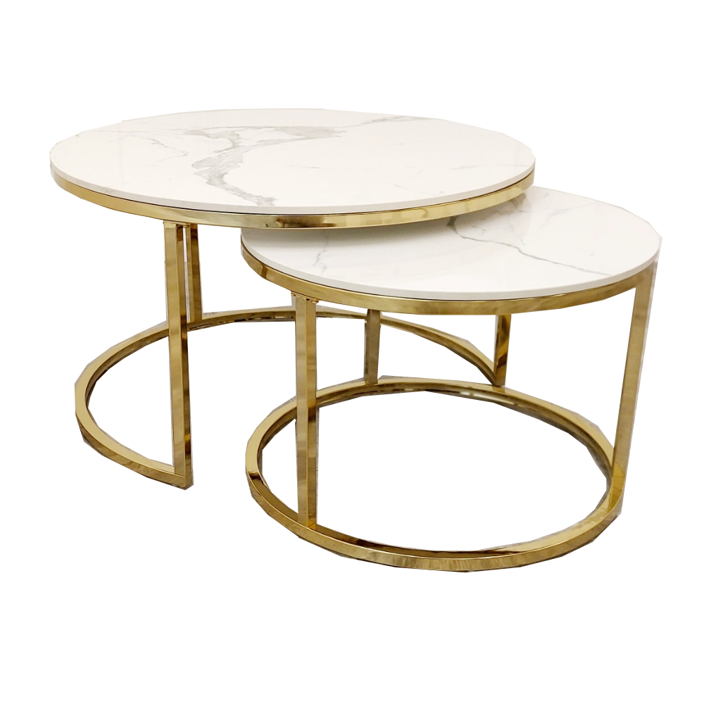 Cato Nest of 2 Round Coffee Tables Gold & Polar White Stone