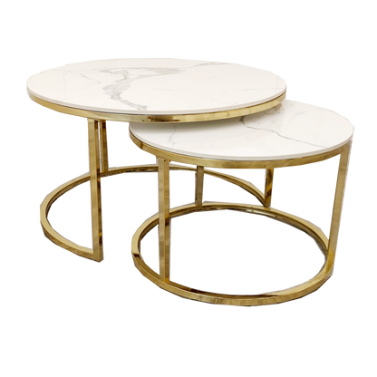 Cato Nest of 2 Round Coffee Tables Gold & Polar White Stone