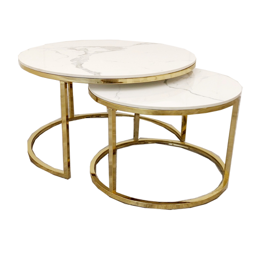 Cato Nest of 2 Round Coffee Tables Gold & Polar White Stone