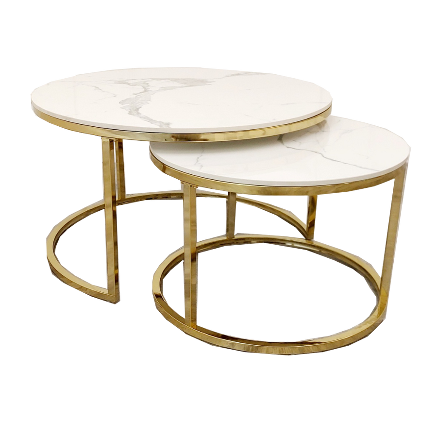 Cato Nest of 2 Round Coffee Tables – Gold & Polar White Stone