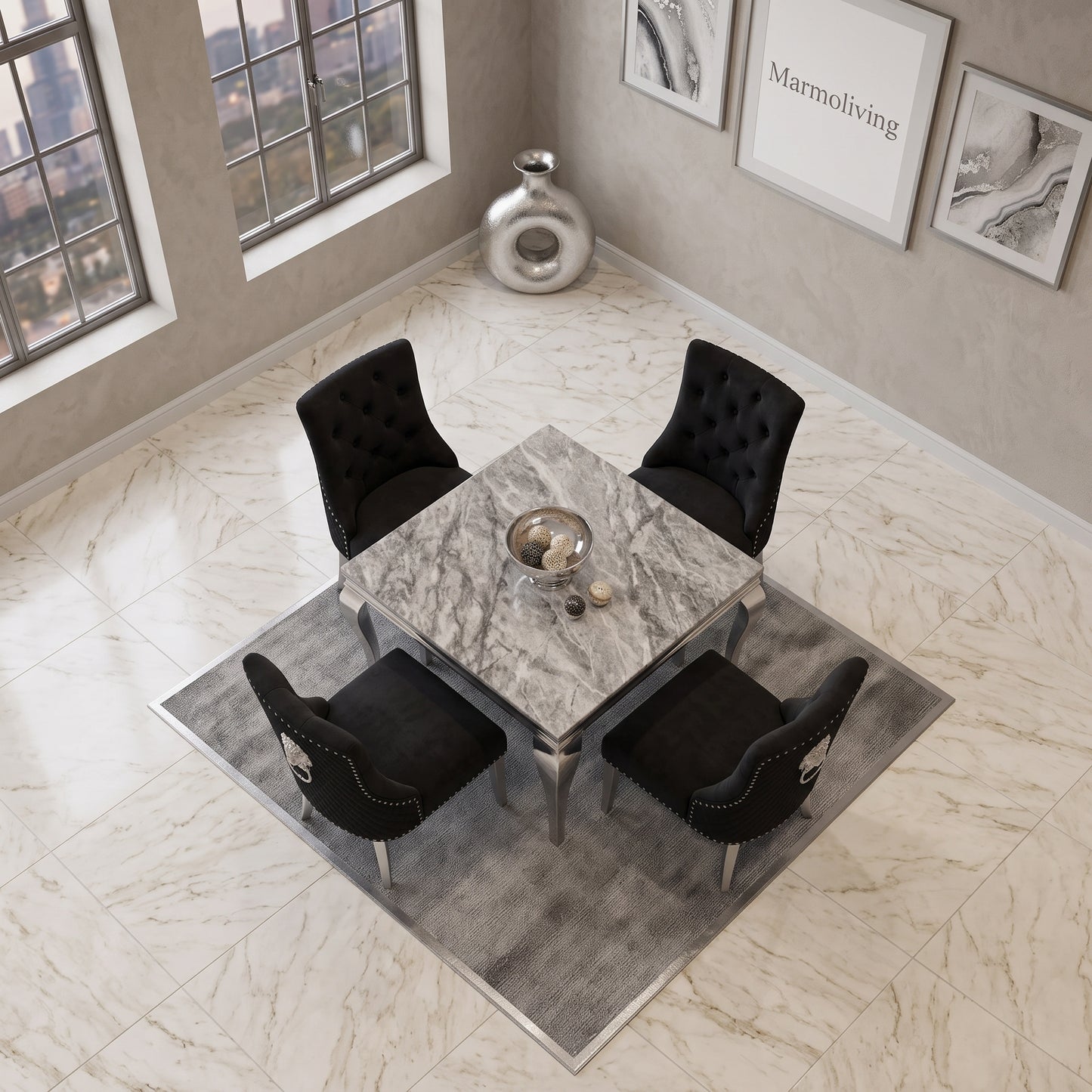 Louis Grey Marble Square Dining Set with Majestic Black Velvet Chairs