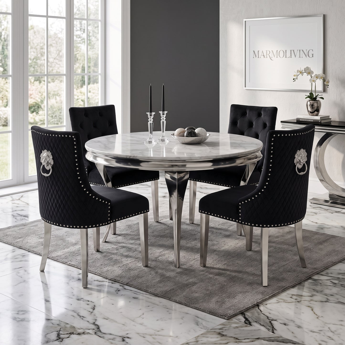 Louis White Marble Round Dining Set with Majestic Black Velvet Chairs