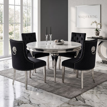 Louis White Marble Round Dining Set with Majestic Black Velvet Chairs