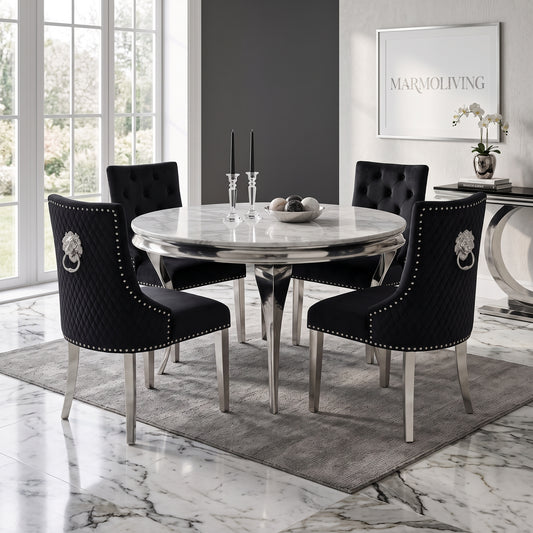 Louis White Marble Round Dining Set with Majestic Black Velvet Chairs