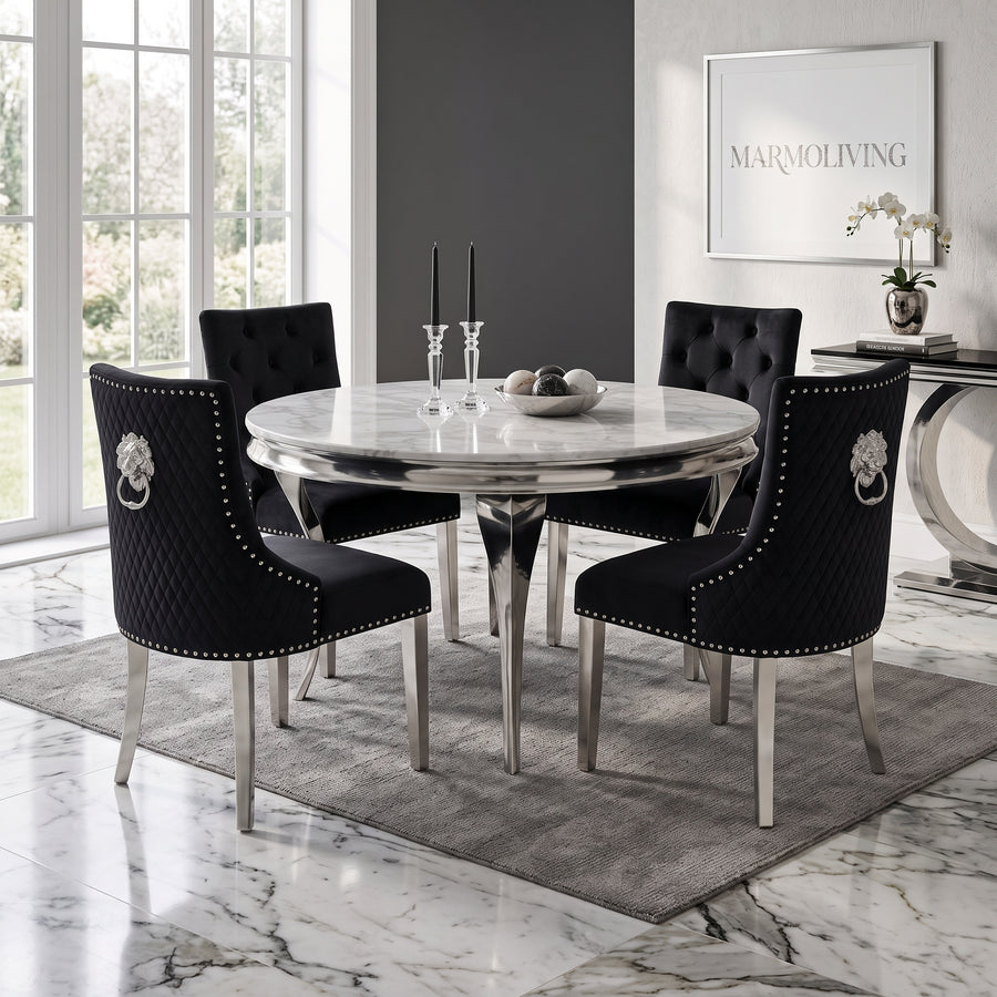 Louis White Marble Round Dining Set with Majestic Black Velvet Chairs