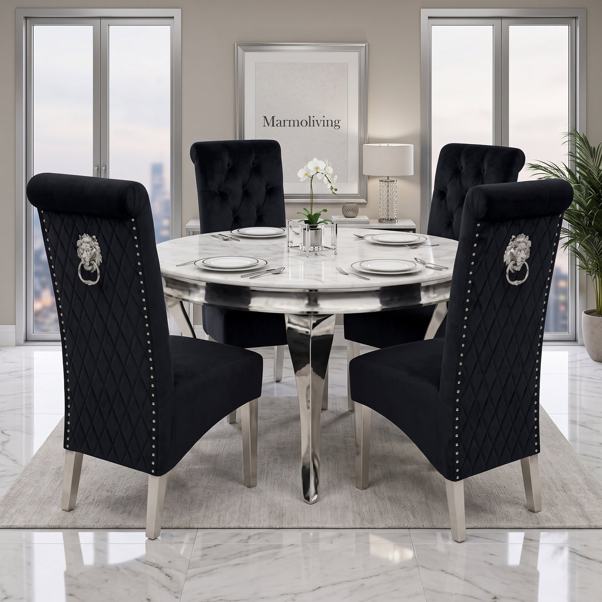Louis White Marble Round Dining Set with Lucy Black Velvet Chairs