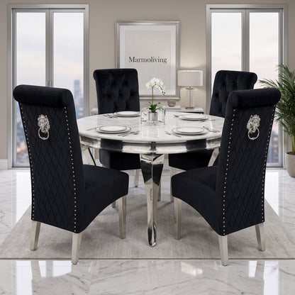 Louis White Marble Round Dining Set with Lucy Black Velvet Chairs