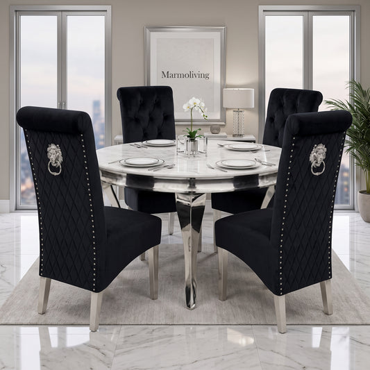 Louis White Marble Round Dining Set with Lucy Black Velvet Chairs