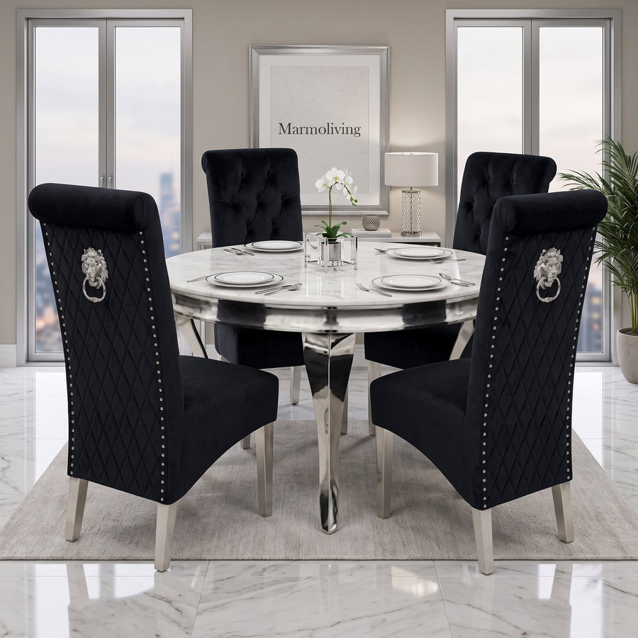 Louis White Marble Round Dining Set with Lucy Black Velvet Chairs