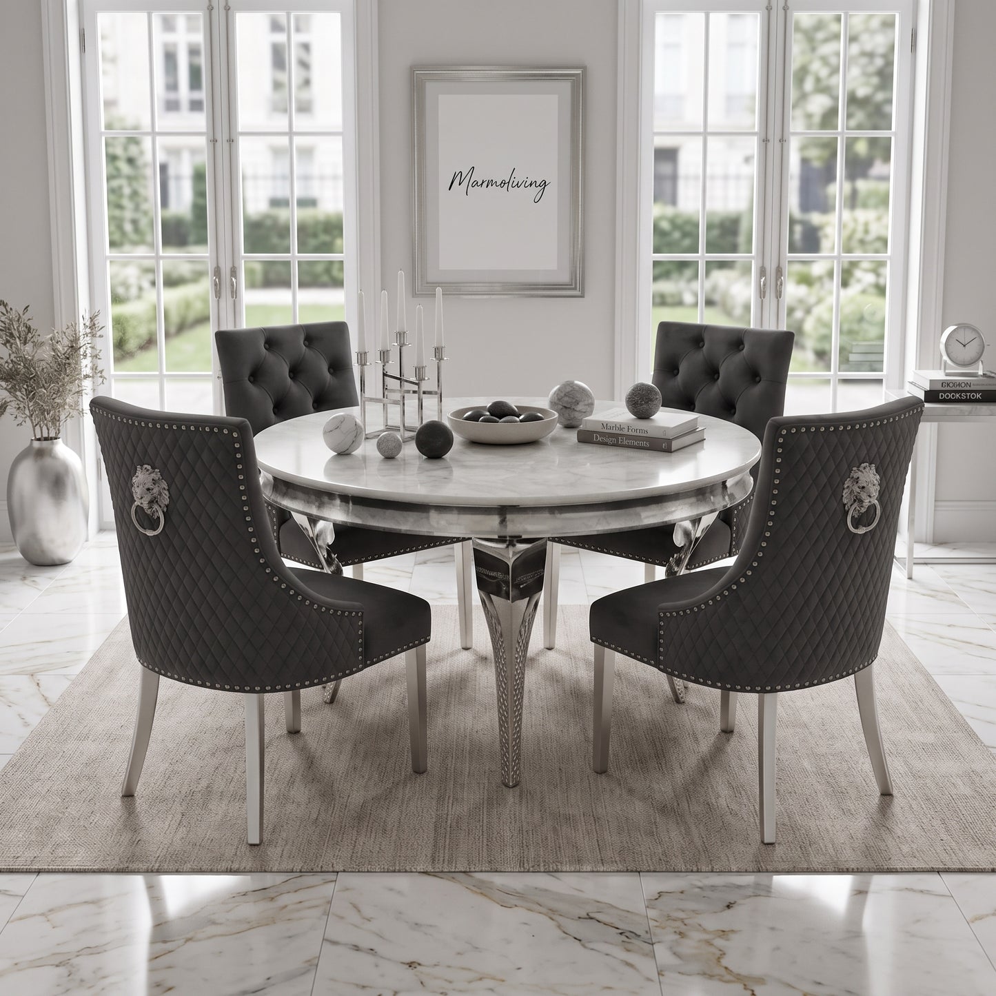 Louis White Marble Round Dining Set with Majestic Dark Grey Velvet Chairs